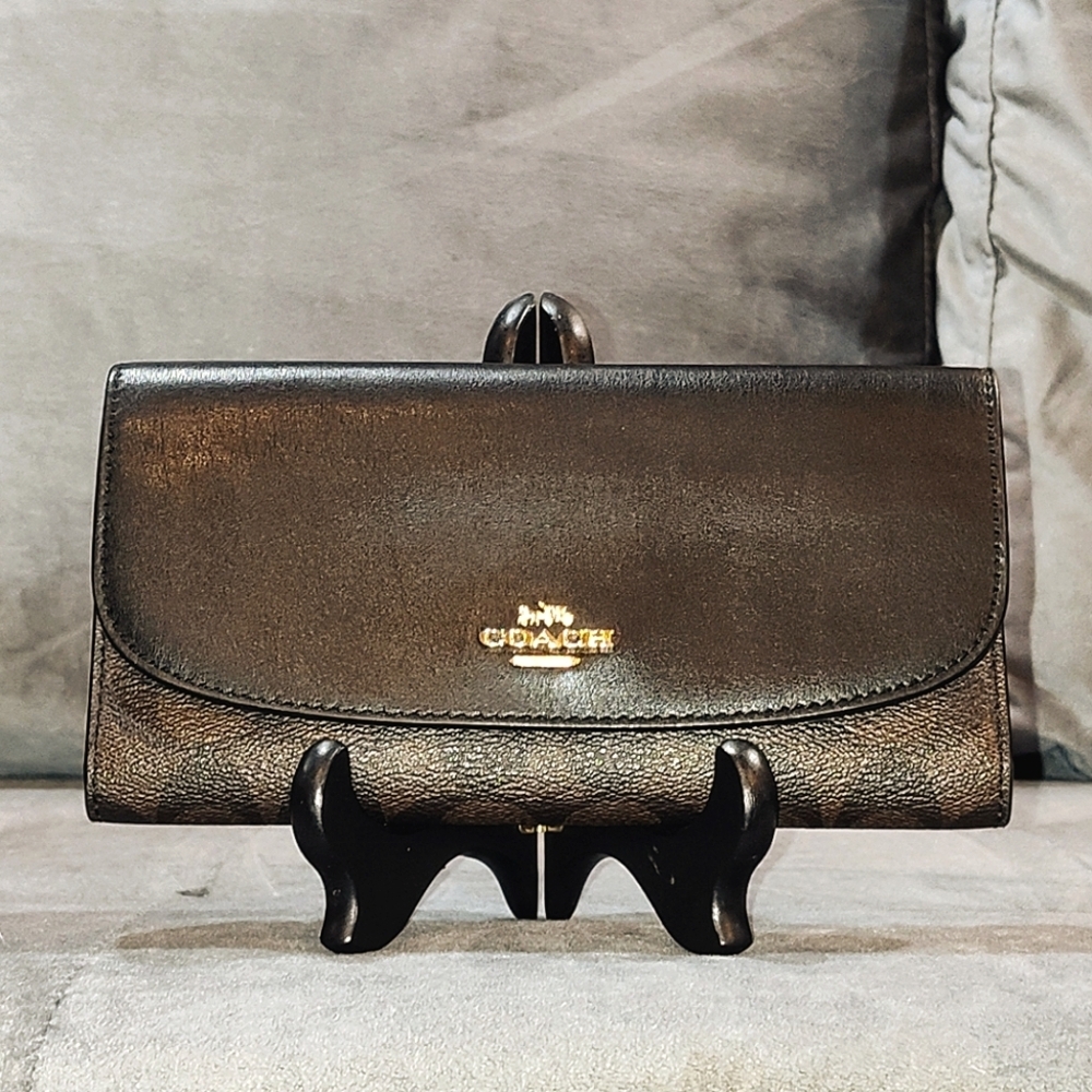 COACH SIGNATURE MONOGRAM TRI-FOLD LONG SNAP WALLET COATED CANVAS & BLACK NWOT